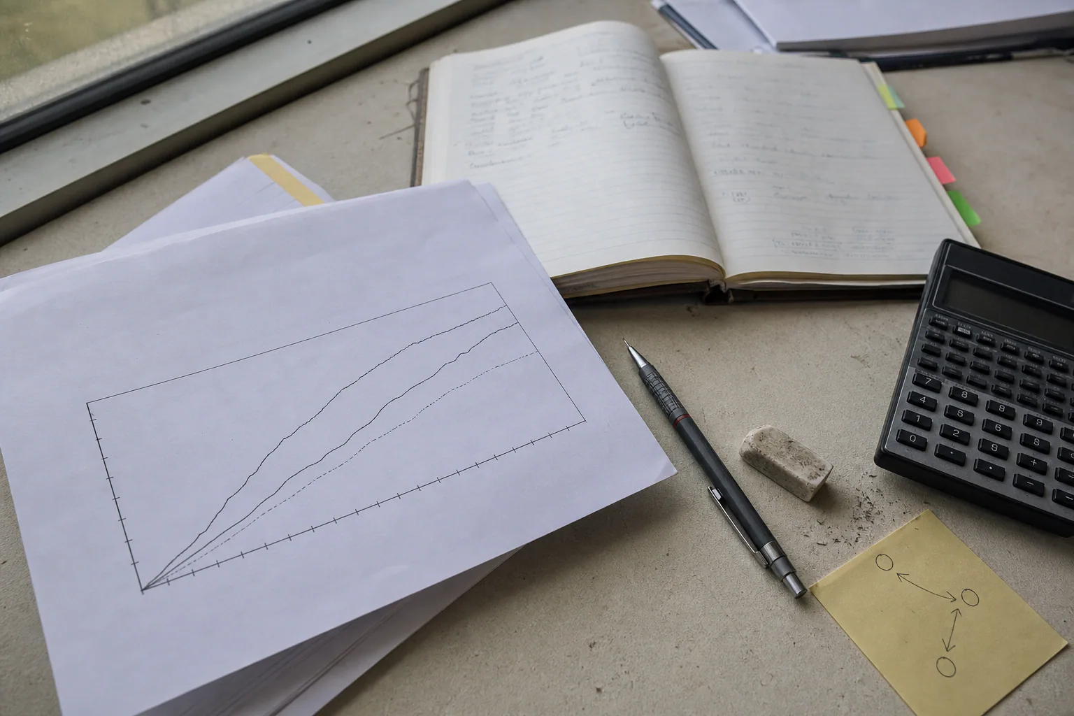 An anonymised booking-progress chart, notebook, and calculator on a desk
